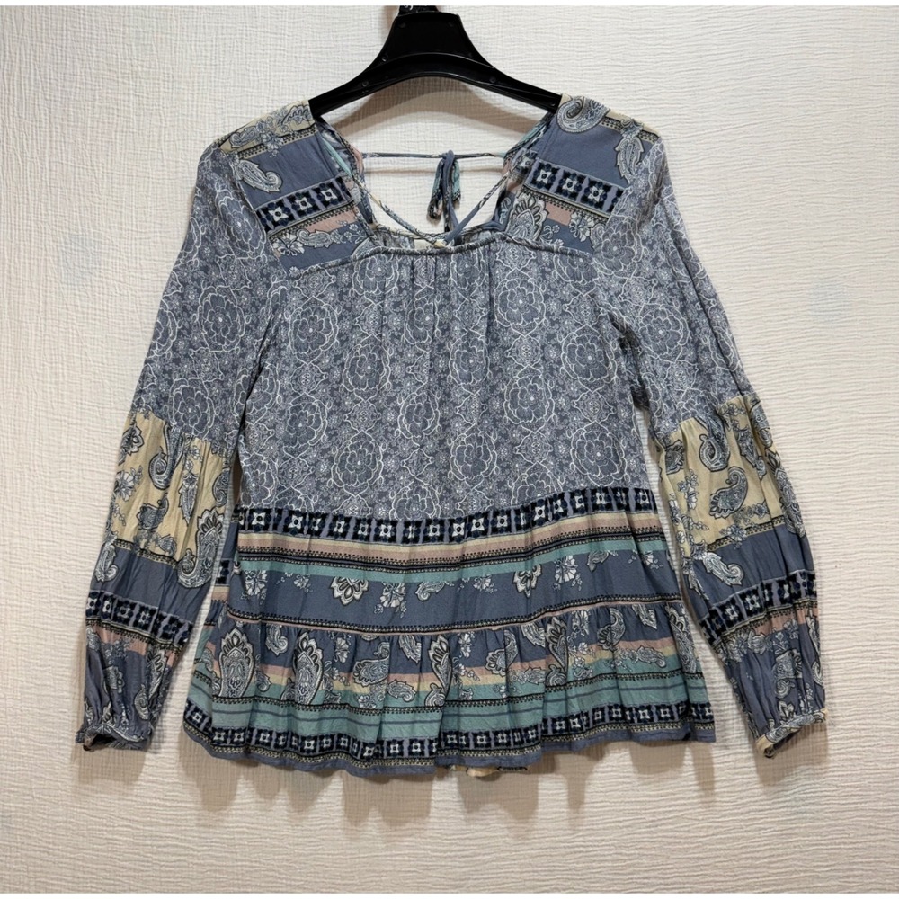 Knox Rose Blouse Women's Size L Blue Boho Paisley Print Tie Neck Peasant‎
